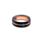 "The Blaze" tungsten ring in black and rose gold, photographed from the  front showing the Iconic Rings engraved logo
