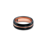"The Blaze" tungsten ring in black and rose gold, photographed from the  front showing the Iconic Rings engraved logo