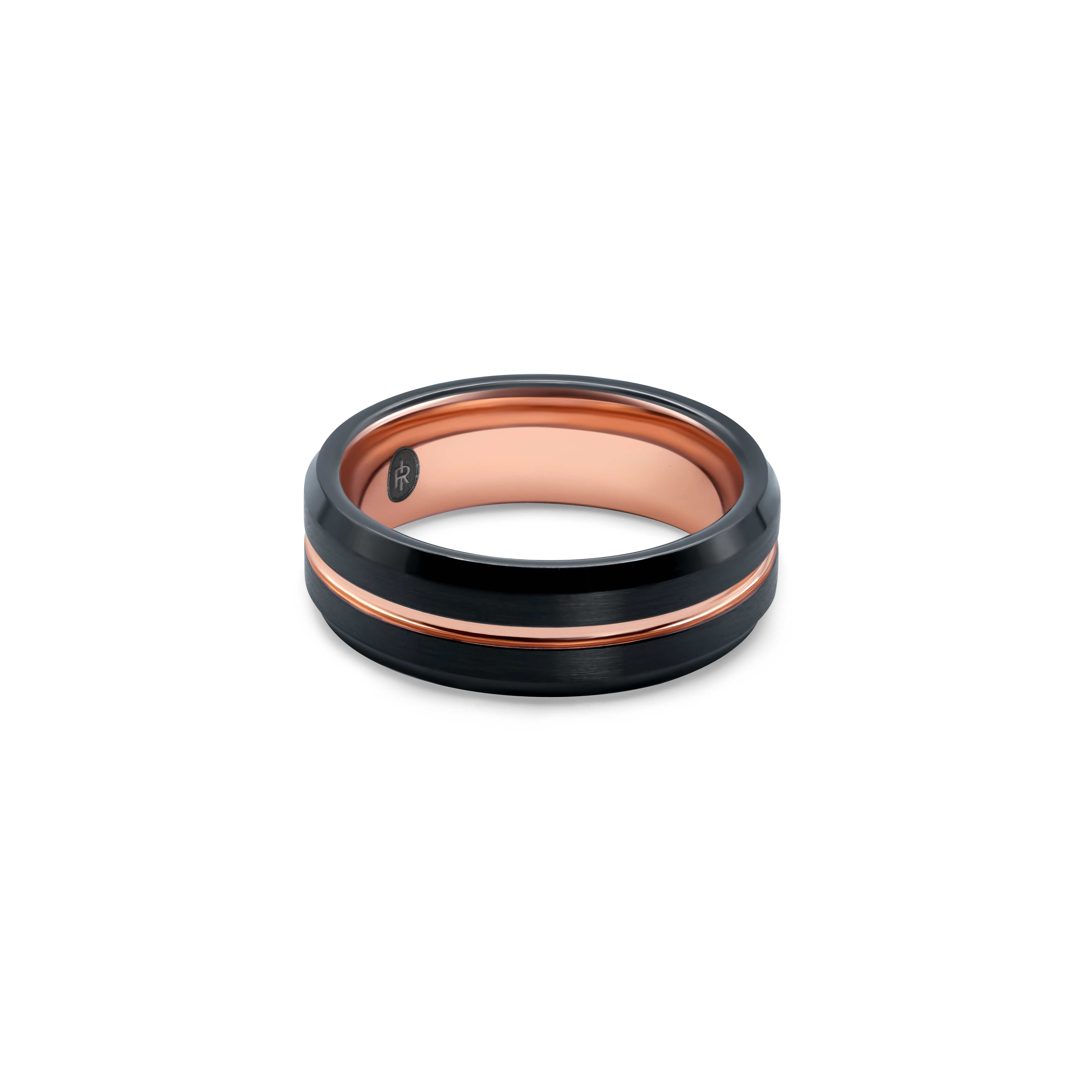 "The Blaze" tungsten ring in black and rose gold, photographed from the  front showing the Iconic Rings engraved logo