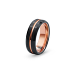 "The Blaze" tungsten ring in black and rose gold, photographed from the  side showing the Iconic Rings engraved logo