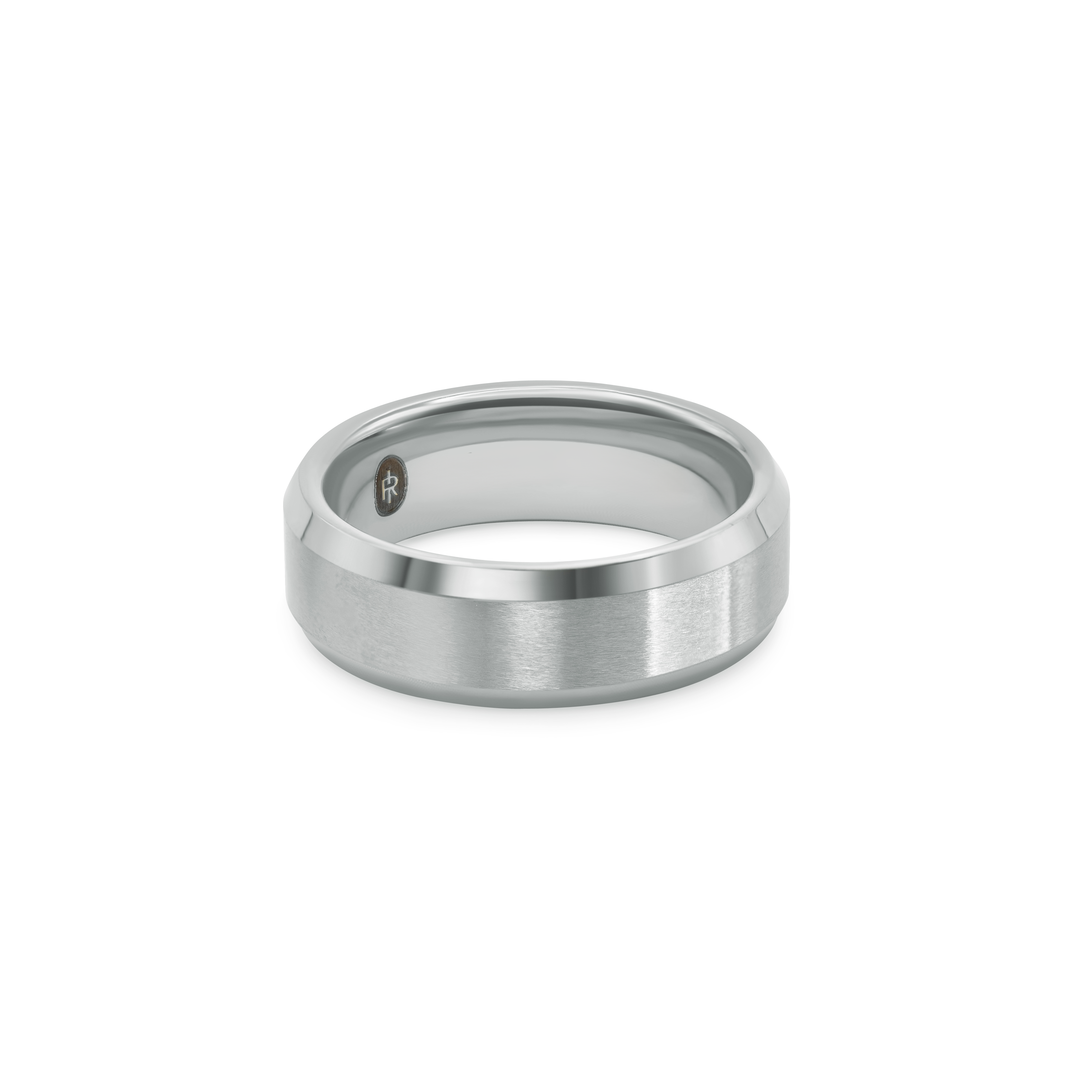 "The Classic" tungsten ring in brushed silver, photographed from the front showing the Iconic Rings engraved logo