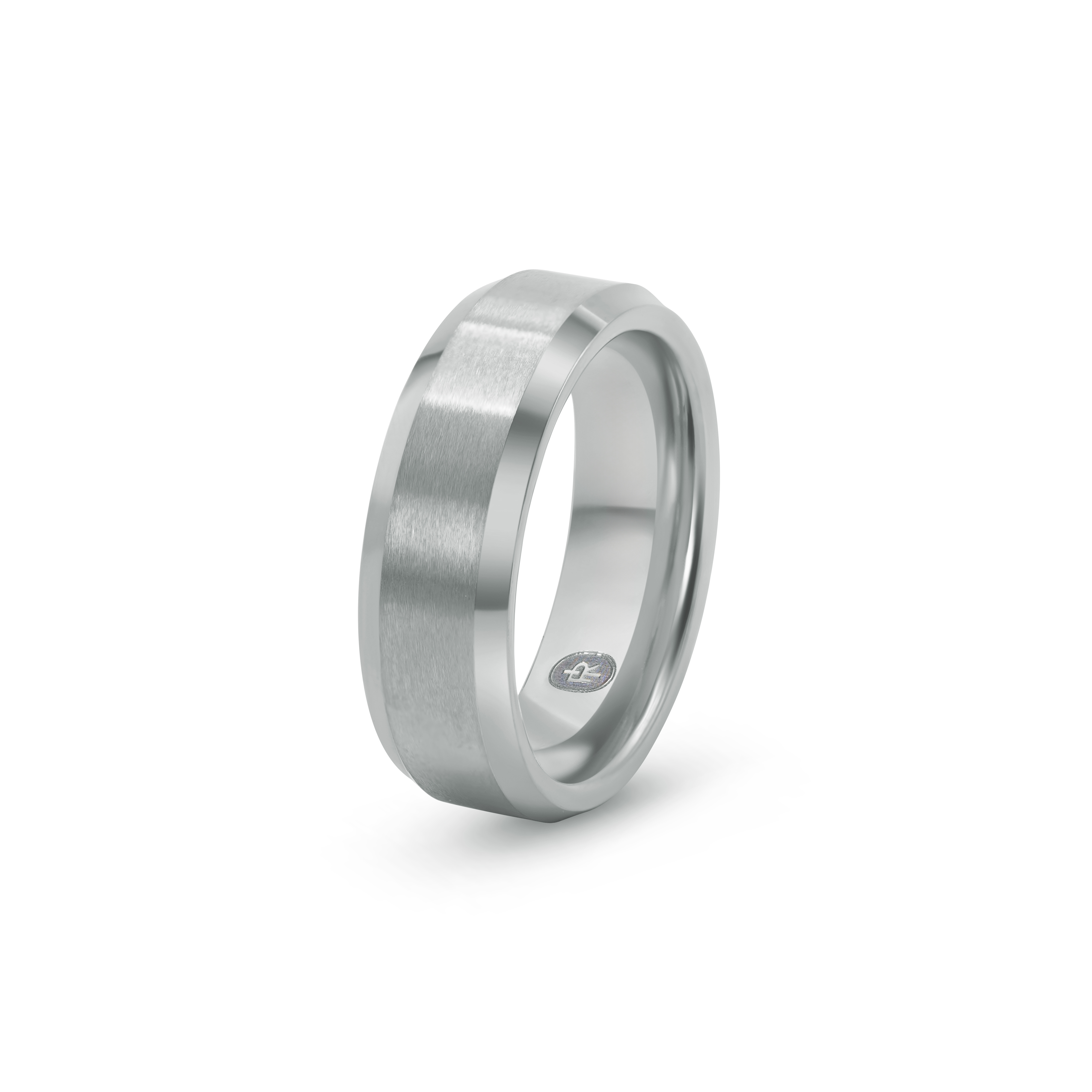 "The Classic" tungsten ring in brushed silver, photographed from the side showing the Iconic Rings engraved logo