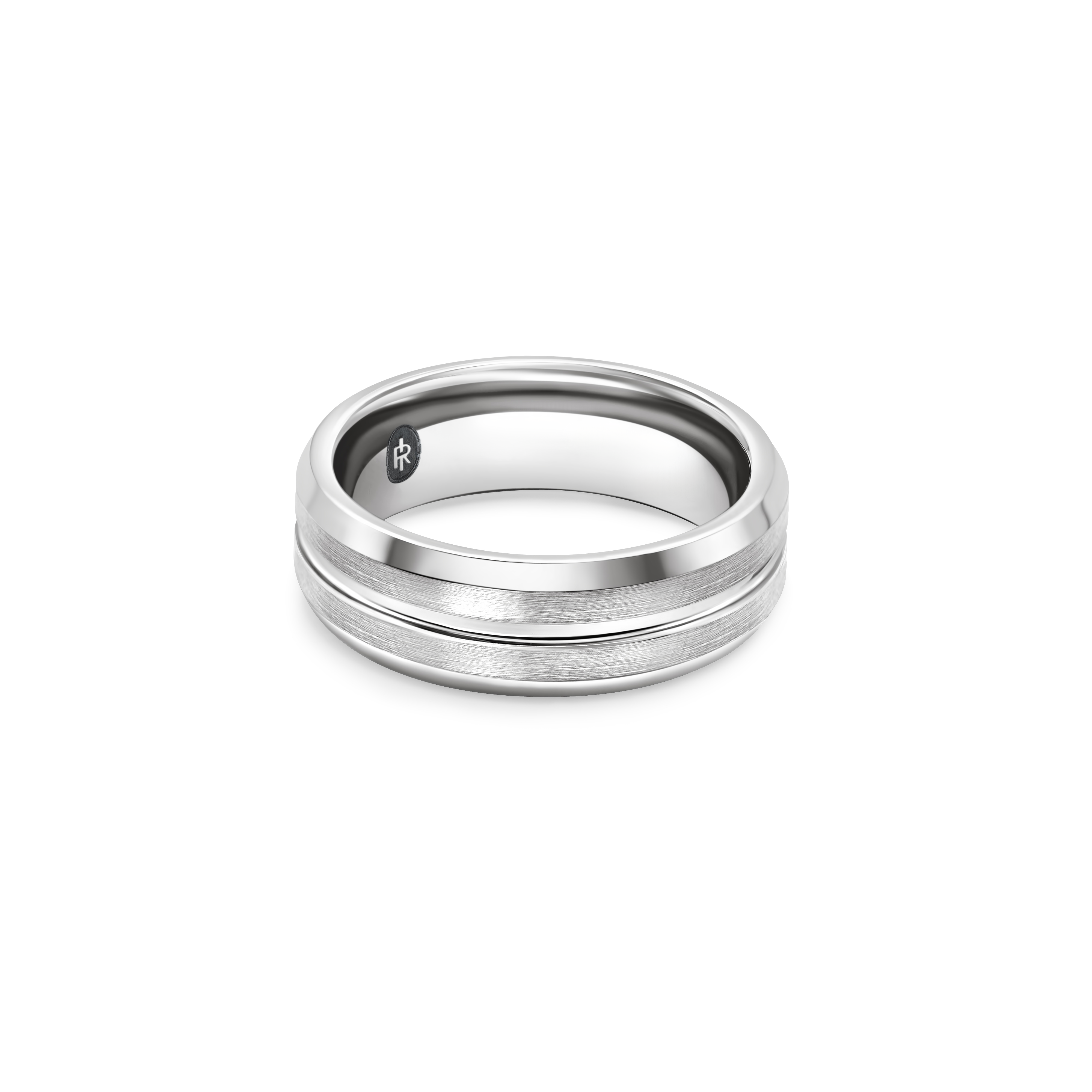 "The Corsair" tungsten ring in brushed silver, photographed from the front showing the Iconic Rings engraved logo