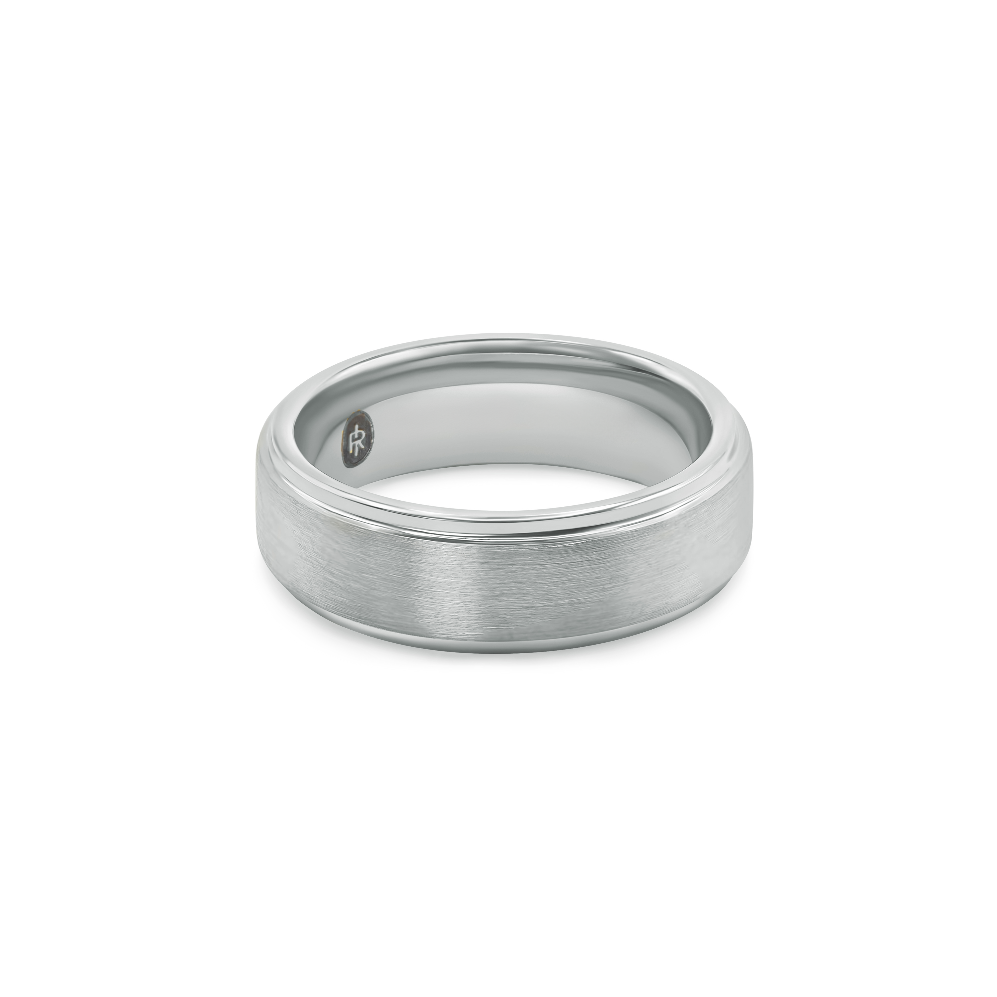 "The Gentleman" tungsten ring in brushed silver, photographed from the front showing the Iconic Rings engraved logo