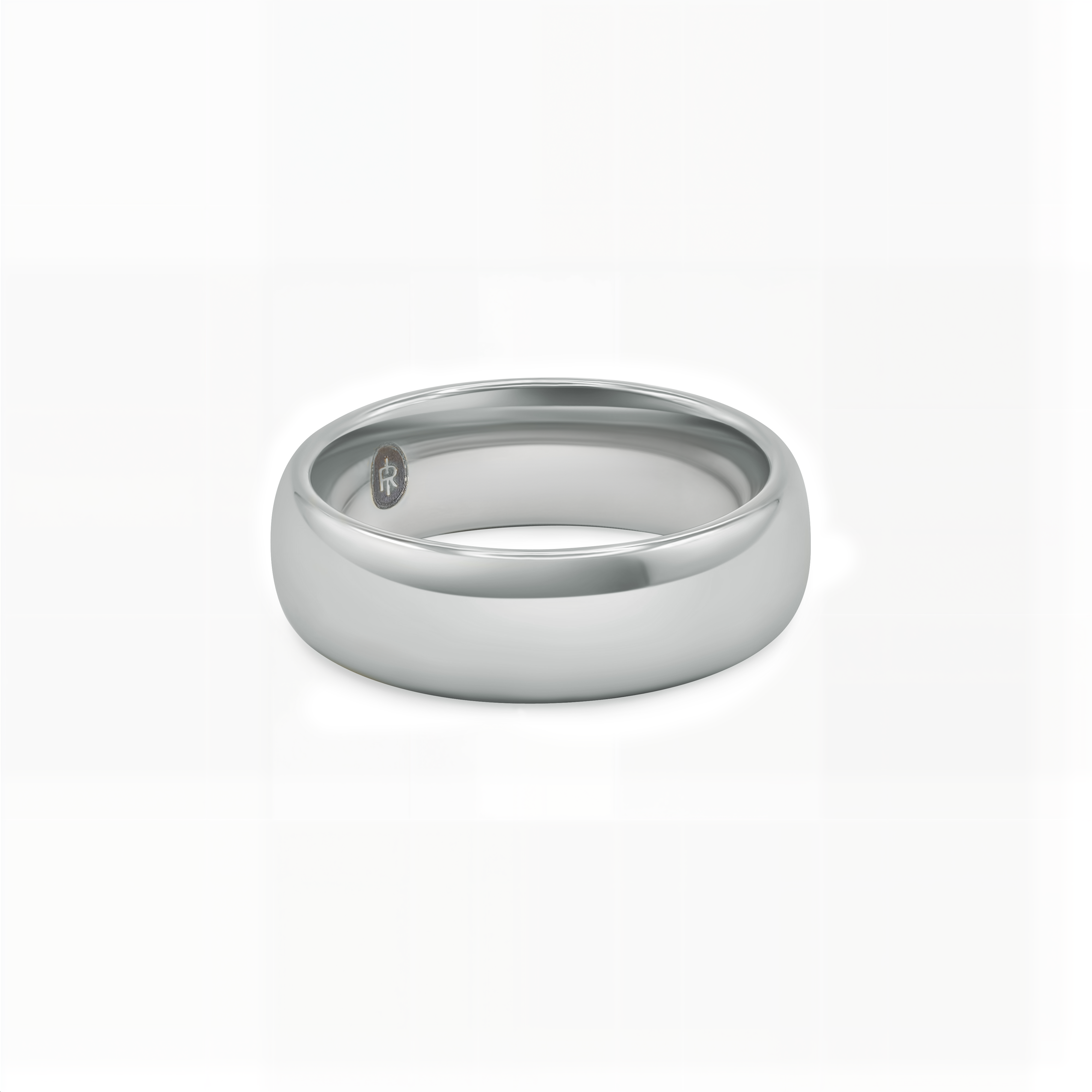 "The Maverick" tungsten ring in polished silver, photographed from the front showing the Iconic Rings engraved logo