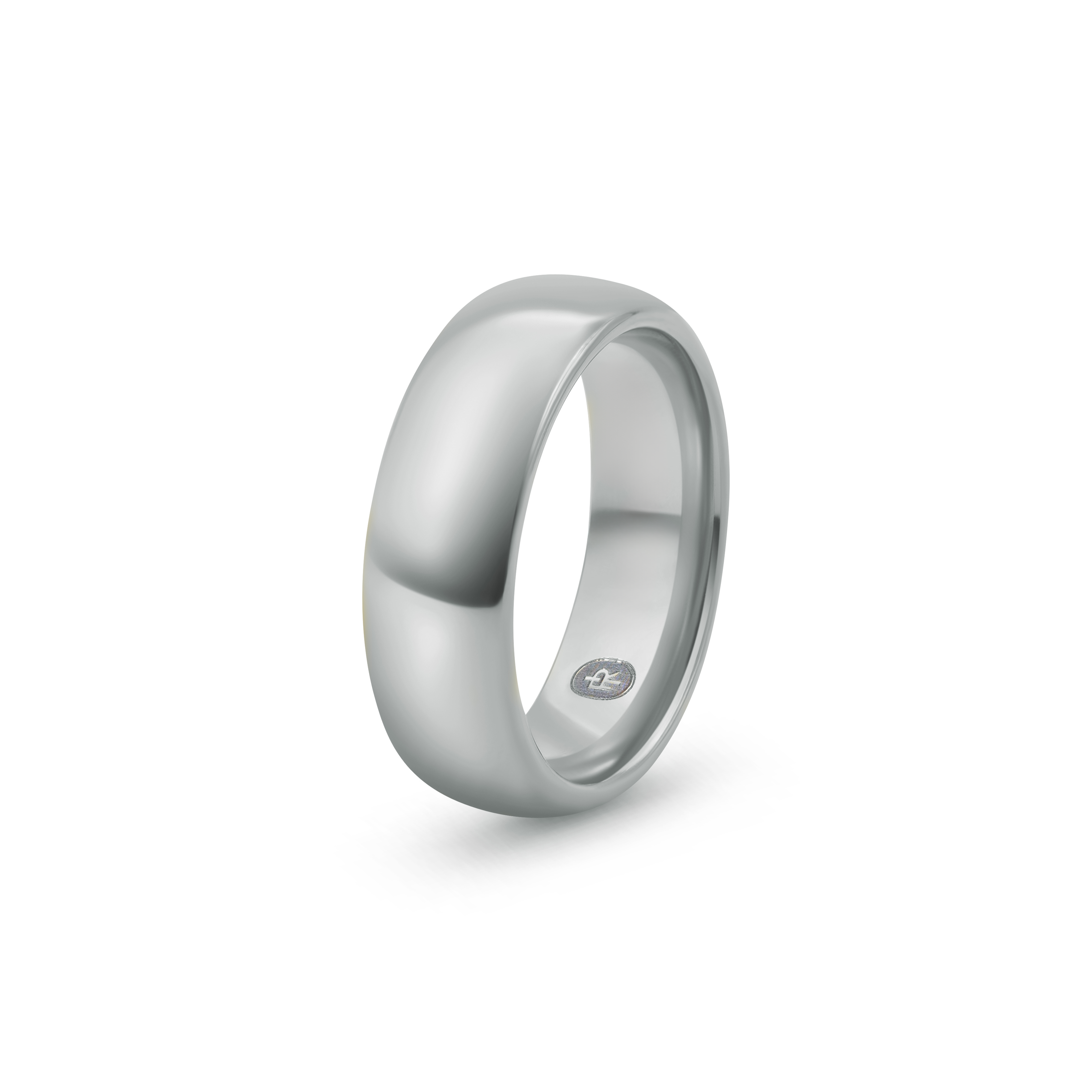 "The Maverick" tungsten ring in polished silver, photographed from the side showing the Iconic Rings engraved logo