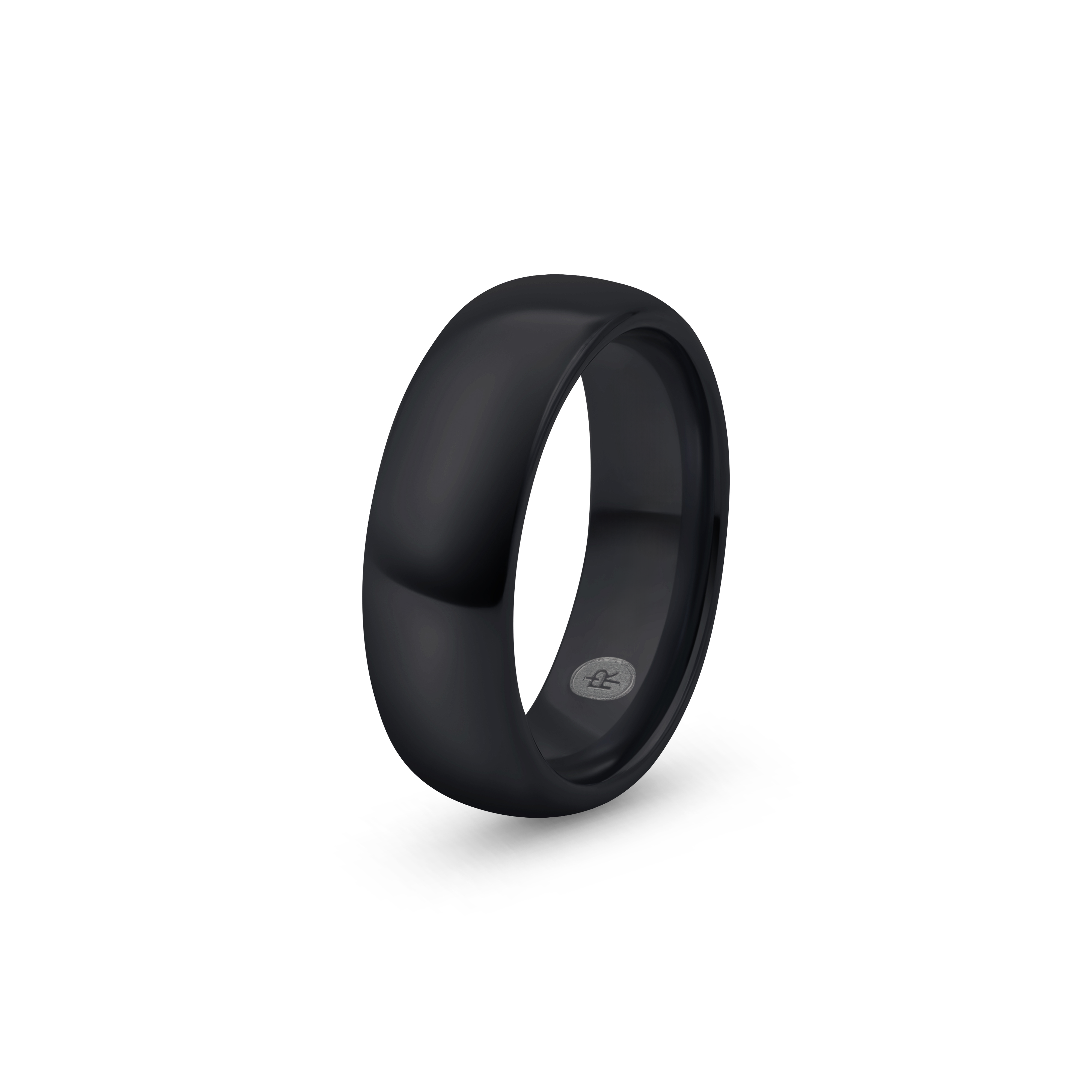 "The Midnight" black tungsten ring with a polished finish, photographed from the side showing the Iconic Rings engraved logo