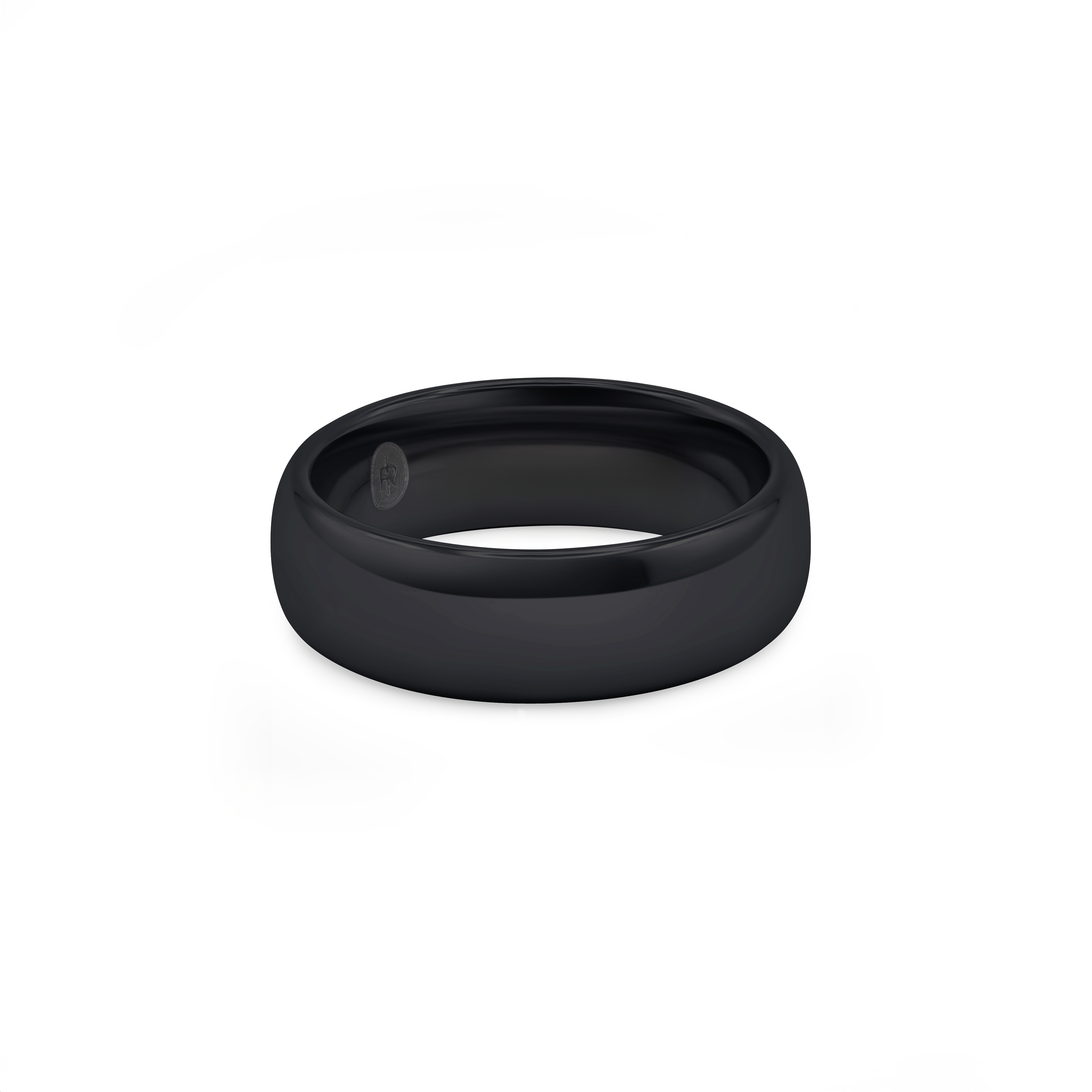 "The Midnight" black tungsten ring with a polished finish, photographed from the front showing the Iconic Rings engraved logo
