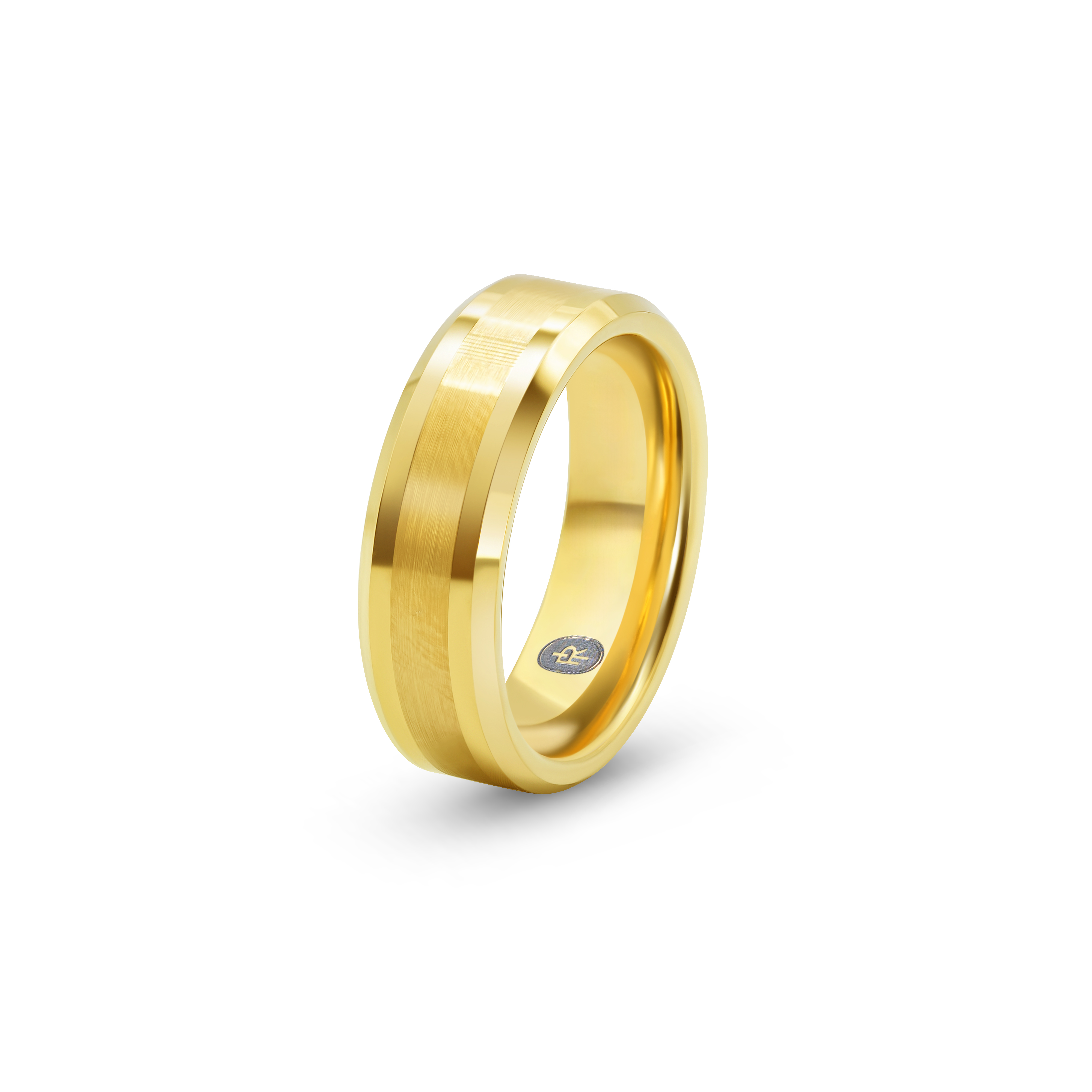 "The Ace" gold tungsten ring with a brushed and polished finish, photographed from the  side showing the Iconic Rings engraved logo