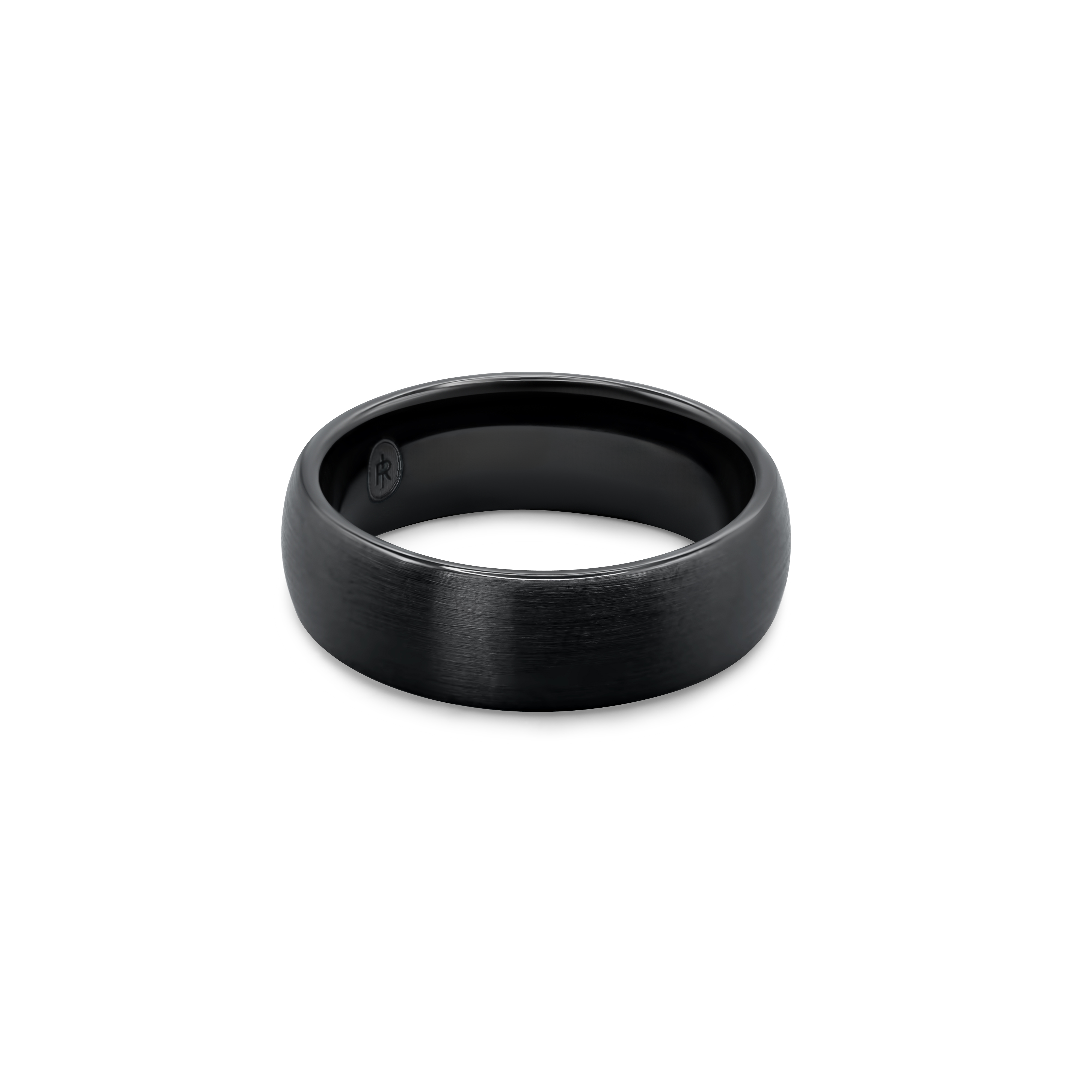 "The Nightshade" black tungsten ring with a brushed finish, photographed from the front showing the Iconic Rings engraved logo