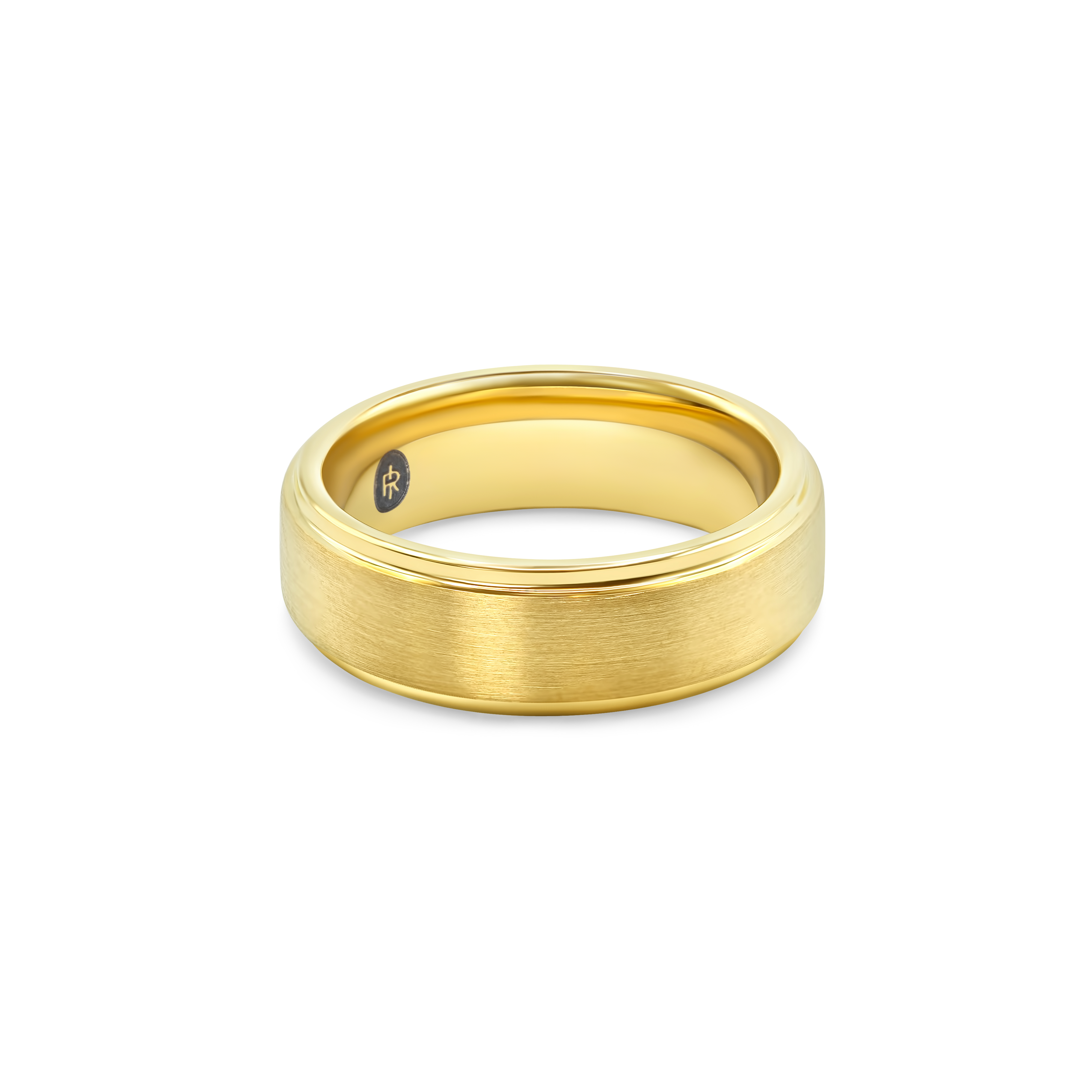 "The Valor" gold tungsten ring with a brushed finish, photographed from the front showing the Iconic Rings engraved logo