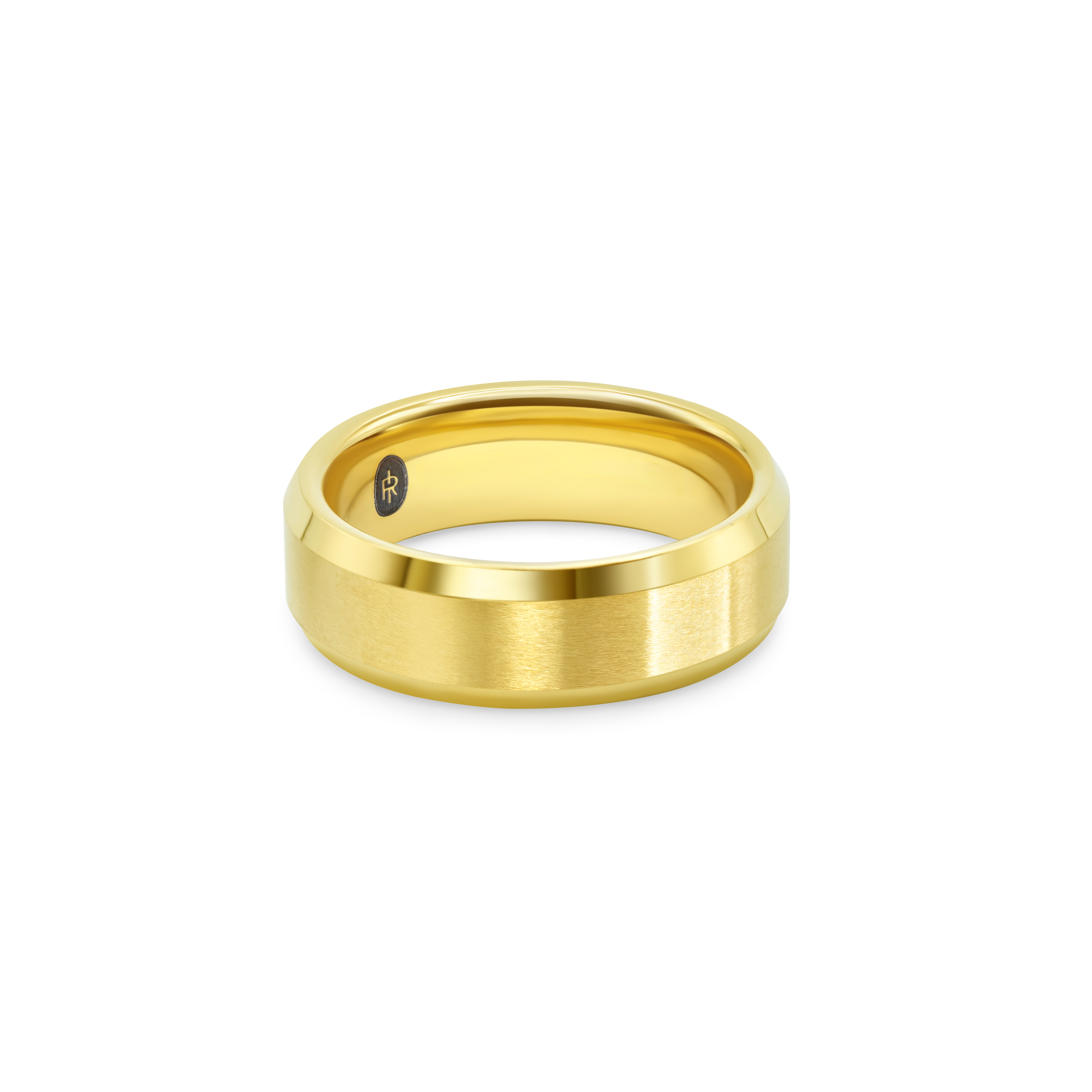 "The Vintage" tungsten ring in brushed gold, photographed from the front showing the Iconic Rings engraved logo