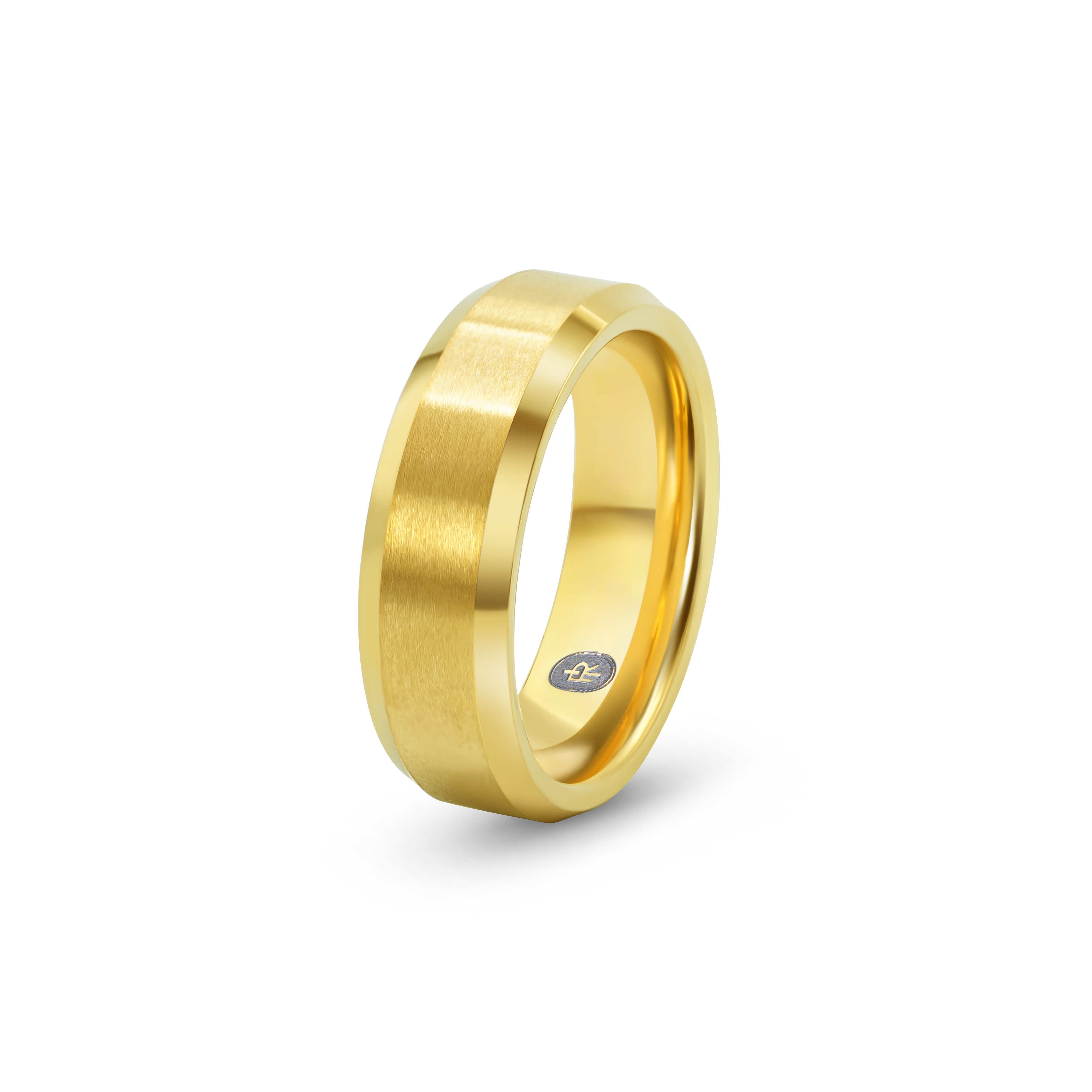 "The Vintage" tungsten ring in brushed gold, photographed from the side showing the Iconic Rings engraved logo
