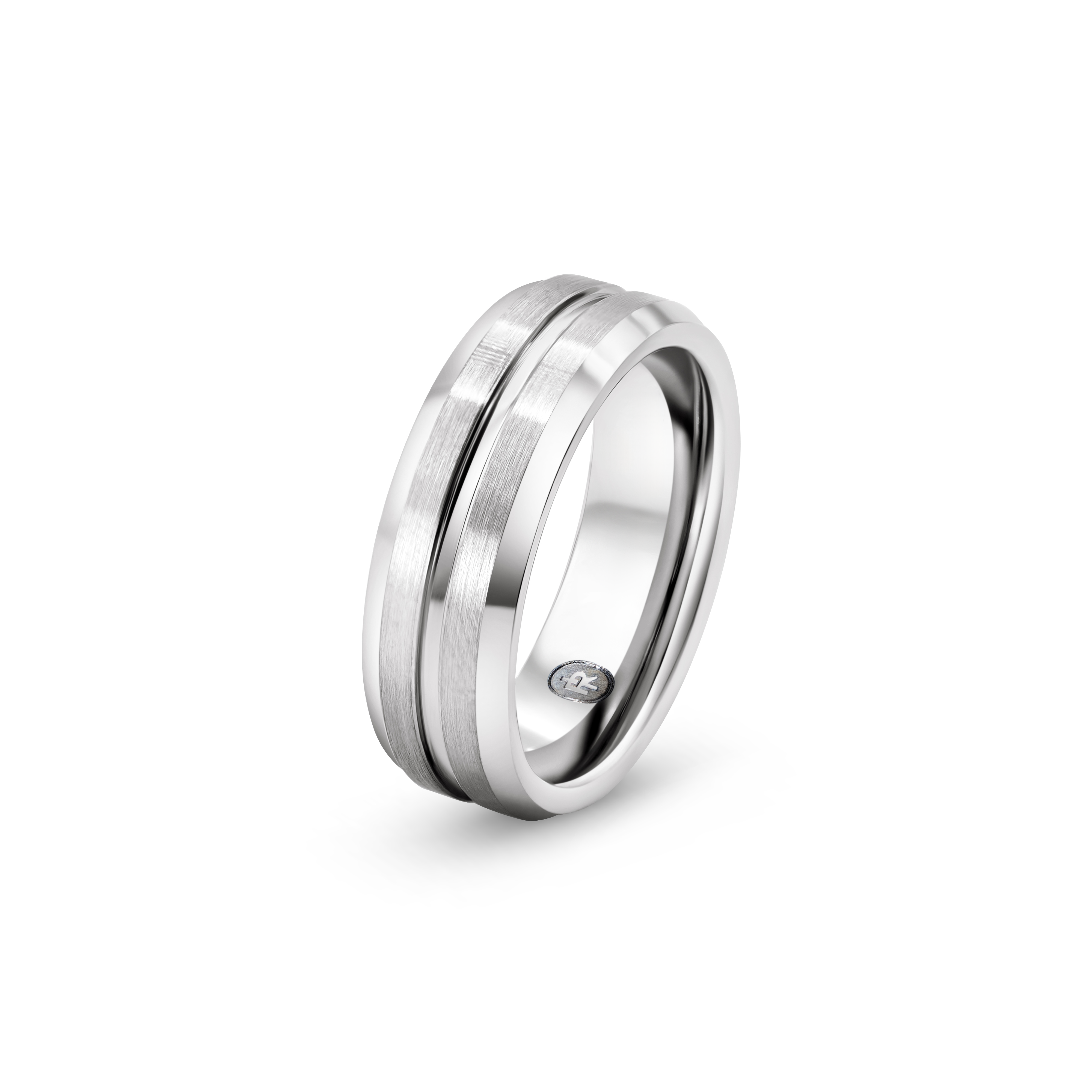 "The Corsair" tungsten ring in brushed silver, photographed from the side showing the Iconic Rings engraved logo