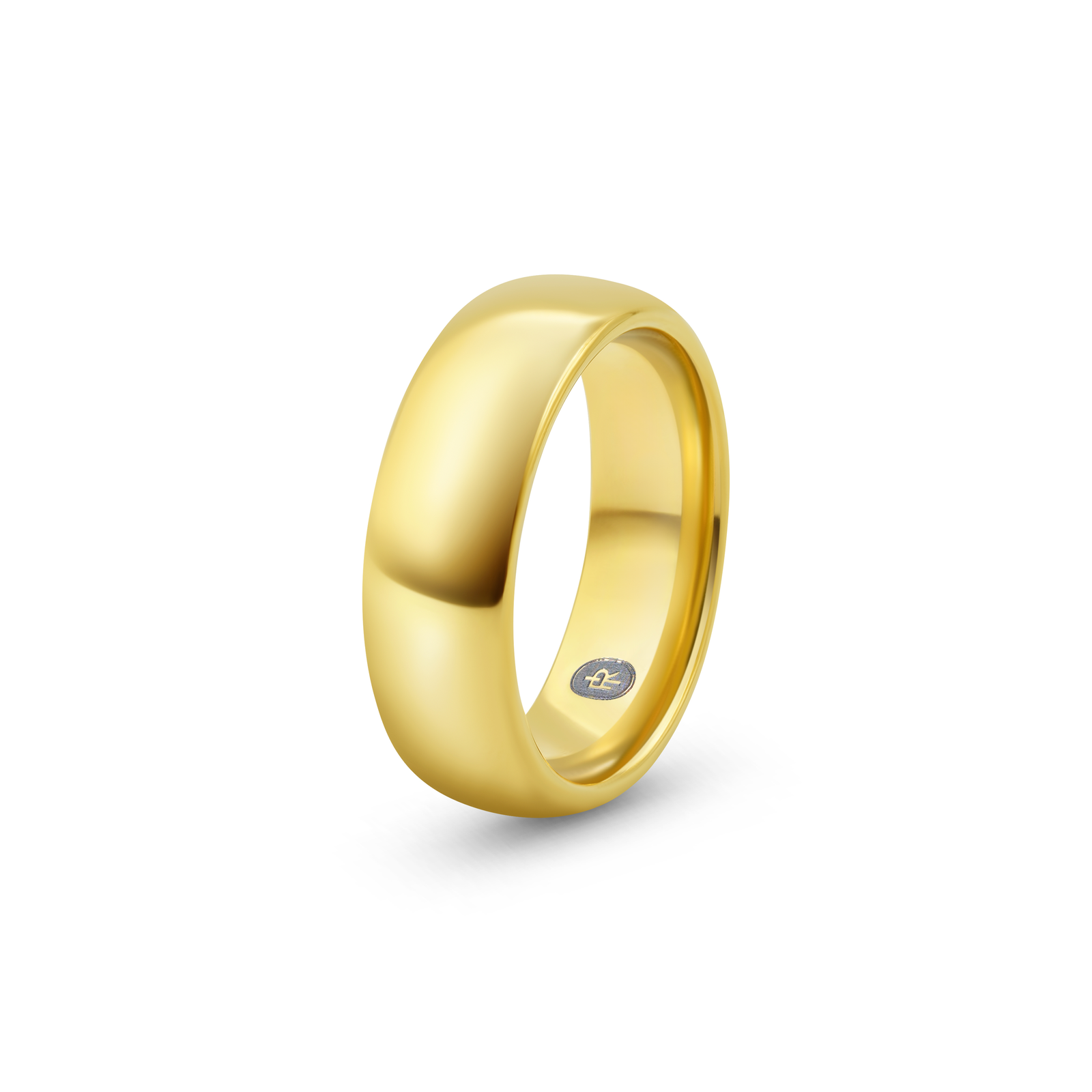 "The Gatsby" tungsten ring in polished gold, photographed from the side showing the Iconic Rings engraved logo
