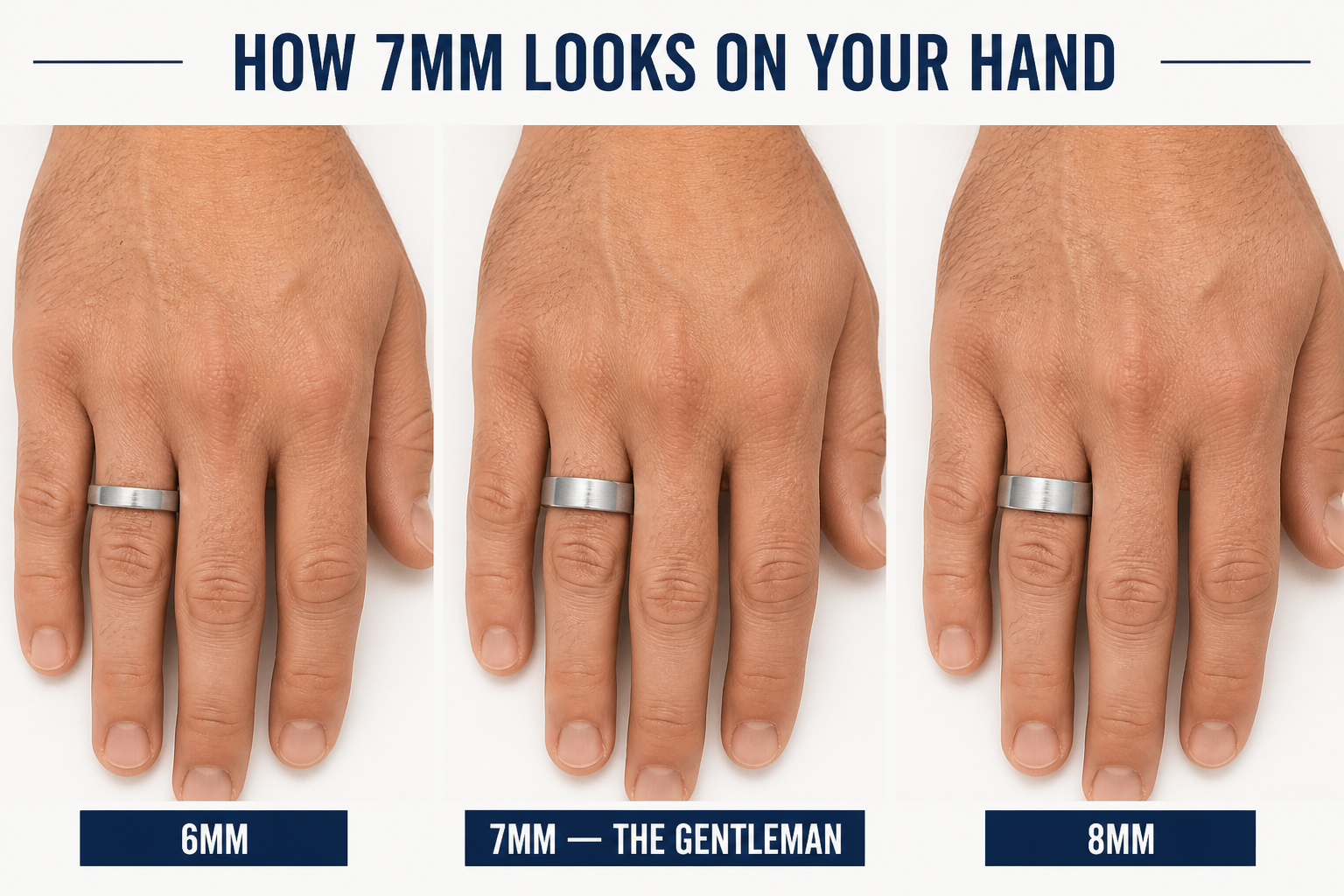 Visual comparison showing how 6mm, 7mm and 8mm ring widths look on a hand