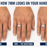 Visual comparison showing how 6mm, 7mm and 8mm ring widths look on a hand