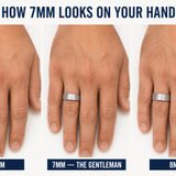 Visual comparison showing how 6mm, 7mm and 8mm ring widths look on a hand